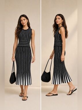 Express Black White Sculpted Knit Midi Dress XS Bodycon Stripe Flare Hem Stretch